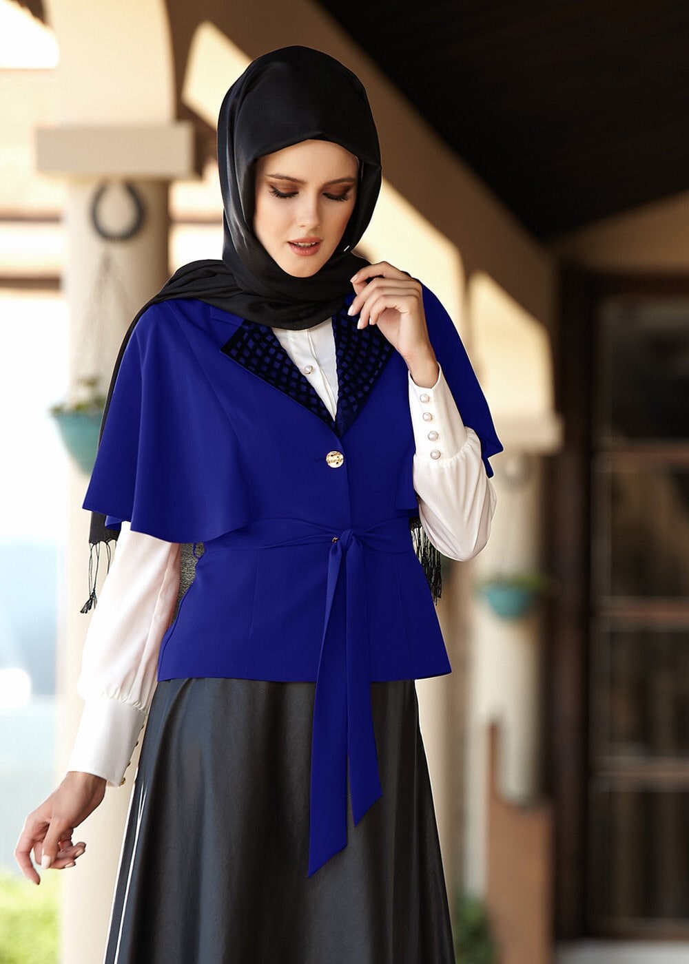 Hijab clothing NAVY BLUE TIE-FRONT SKIRT SUIT 3045E 