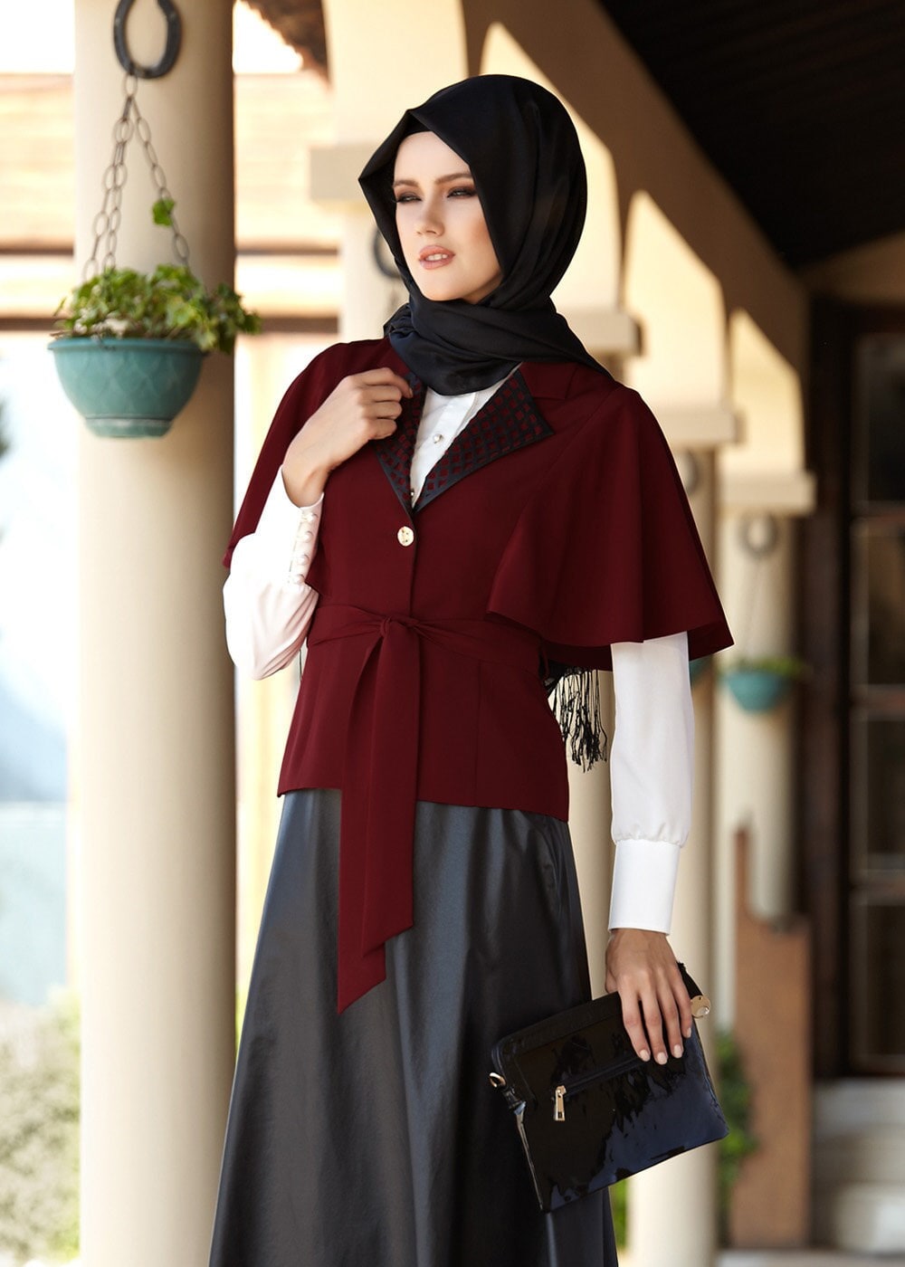 Tesettür giyim BORDO 3045E ETEKLİ TAKIM