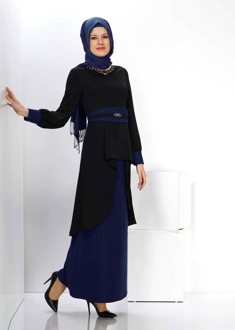 Hijab clothing NAVY BLUE ASYMMETRIC SKIRT SUIT 3047E 
