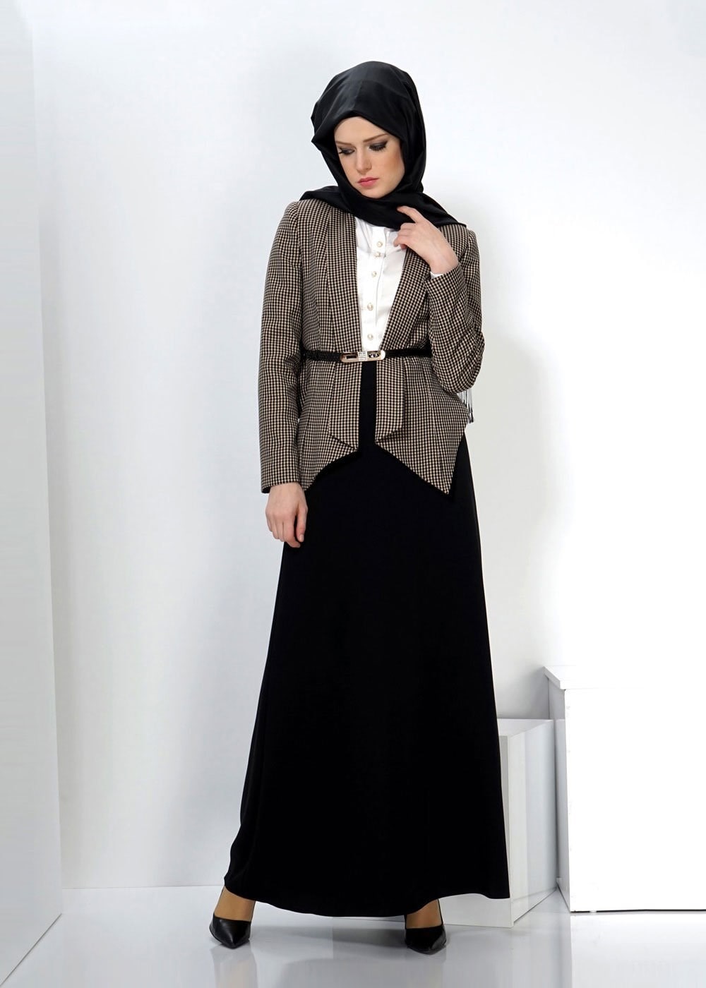 Hijab clothing BEIGE CHECK SKIRT SUIT 3060E 