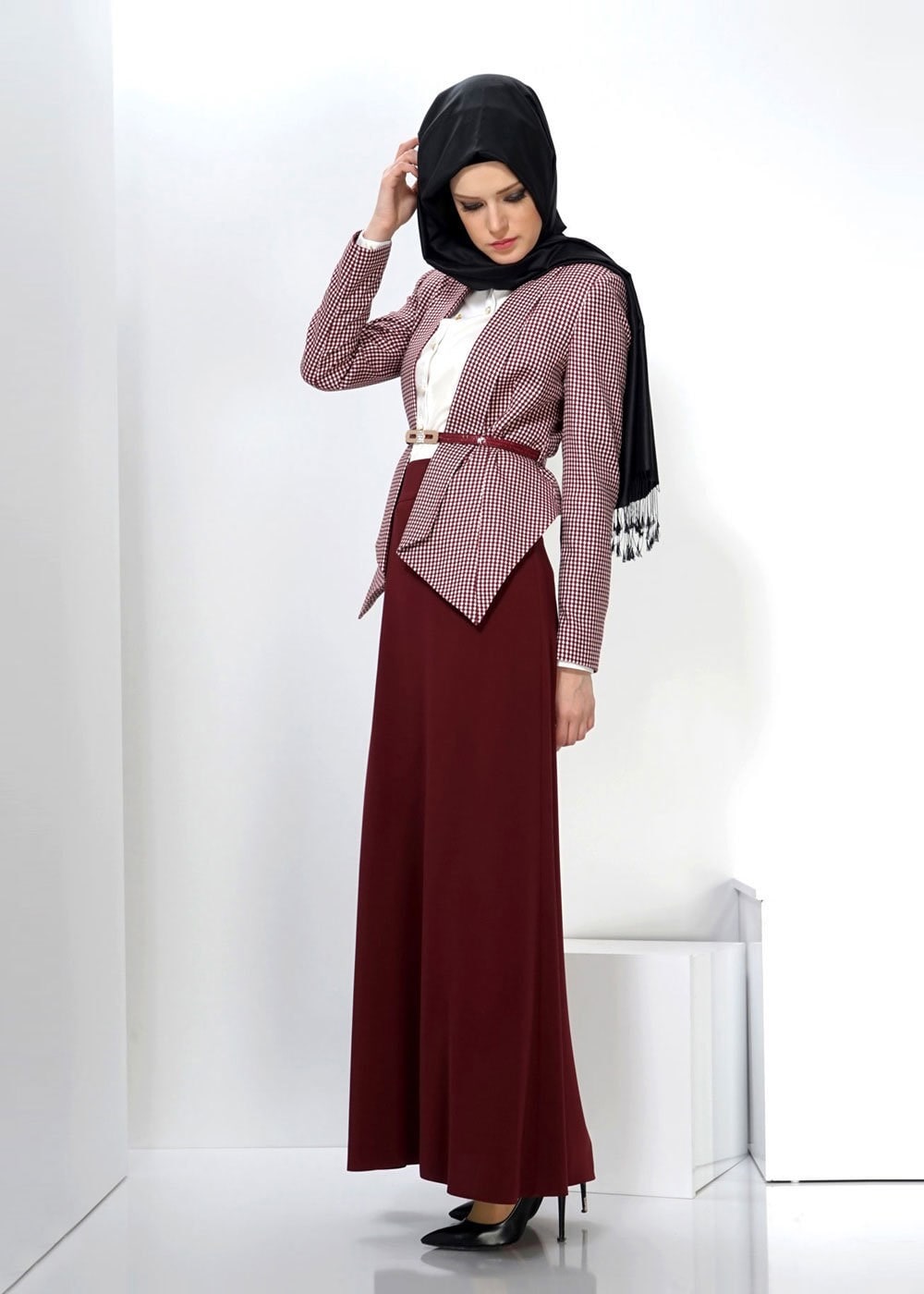 Hijab clothing CLARET RED CHECK SKIRT SUIT 3060E 