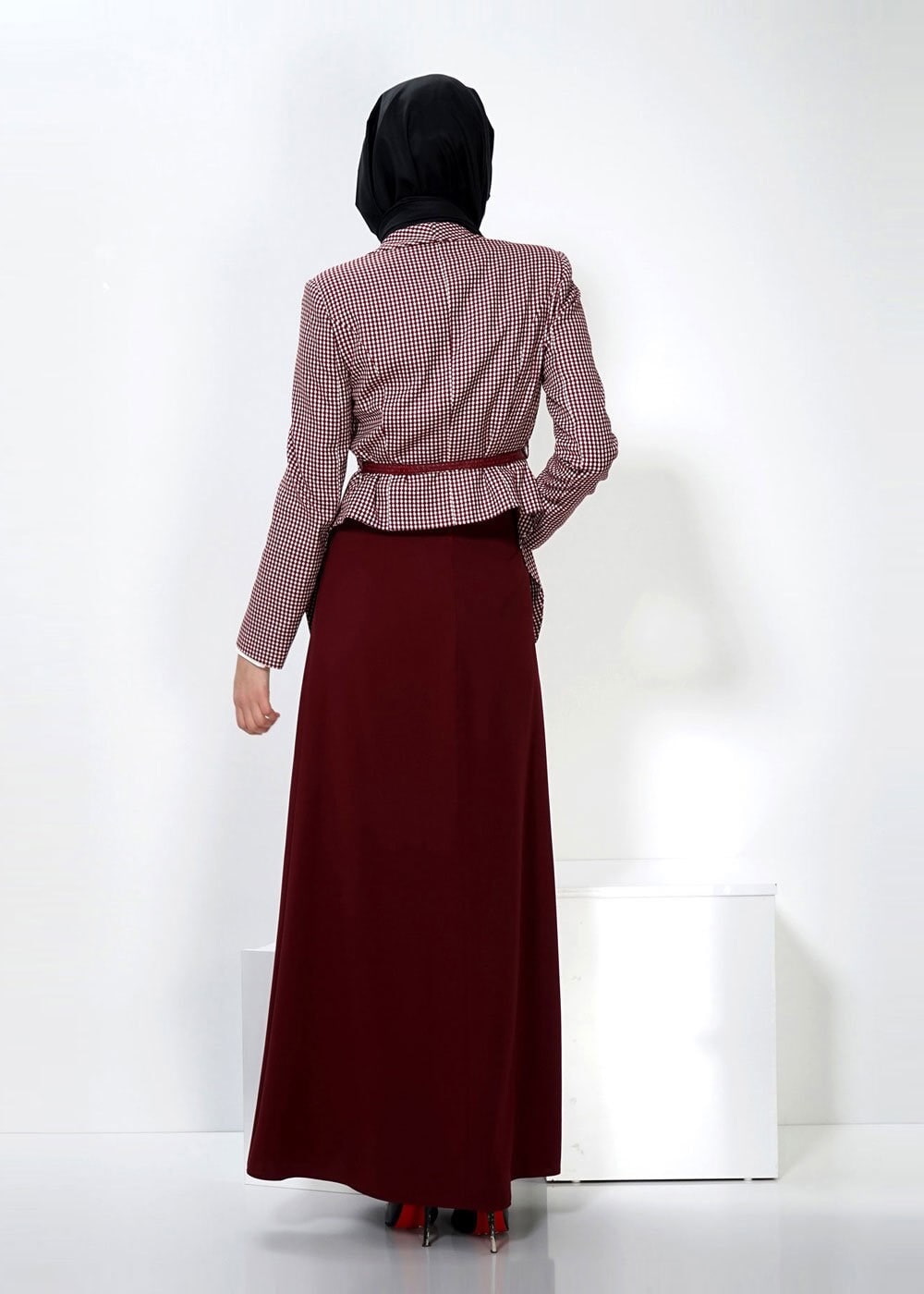 Hijab clothing CLARET RED CHECK SKIRT SUIT 3060E 