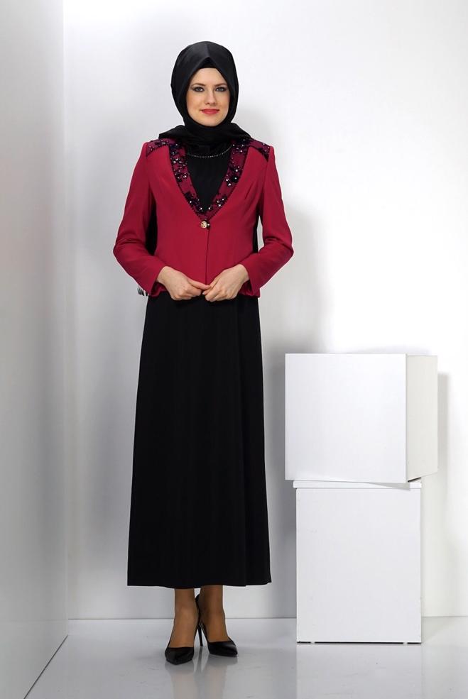 Hijab clothing RED EMBELLISHED DRESS SUIT 3032  - ALVİNA