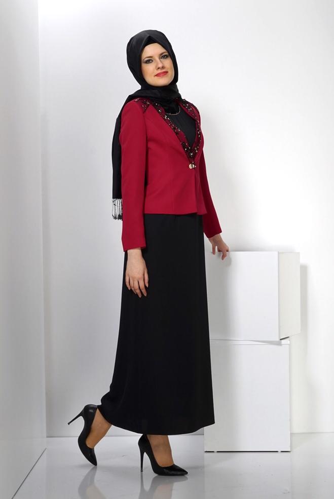 Hijab clothing RED EMBELLISHED DRESS SUIT 3032  - ALVİNA