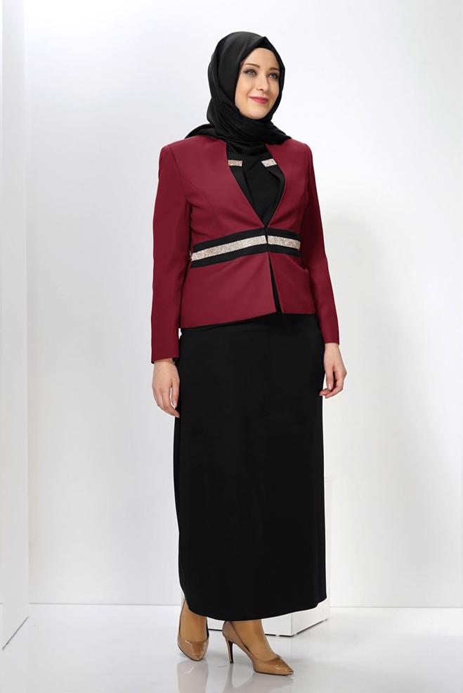 Hijab clothing CLARET RED EMBELLISHED DRESS SUIT 3054  - ALVİNA