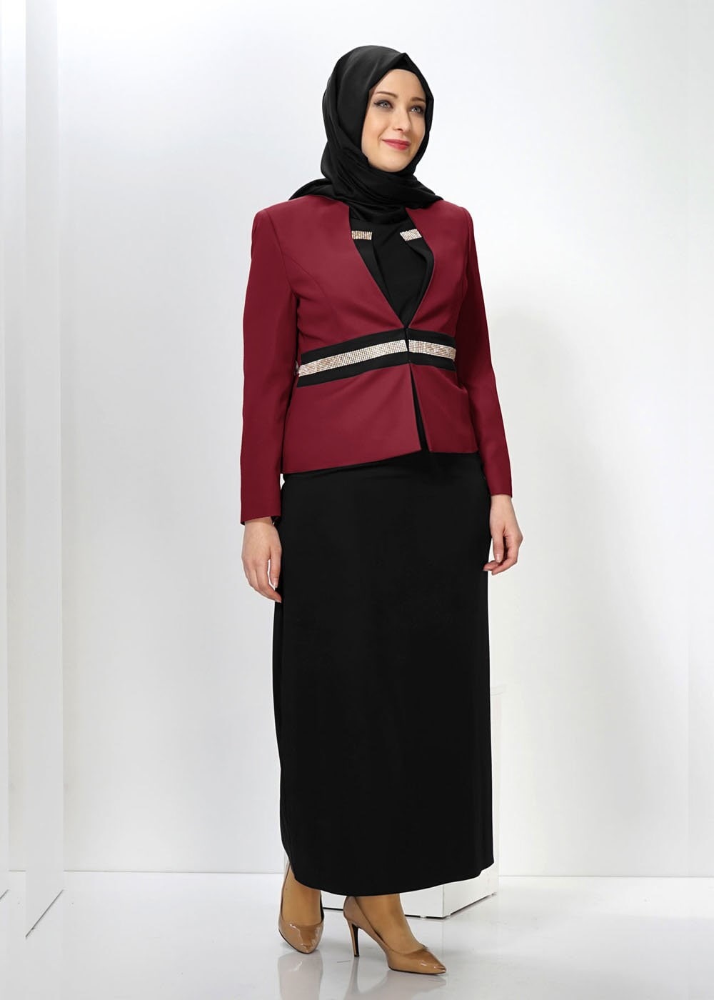 Vêtements hijab ROUGE BORDEAUX COSTUME & ROBE EMBELLIS 3054 