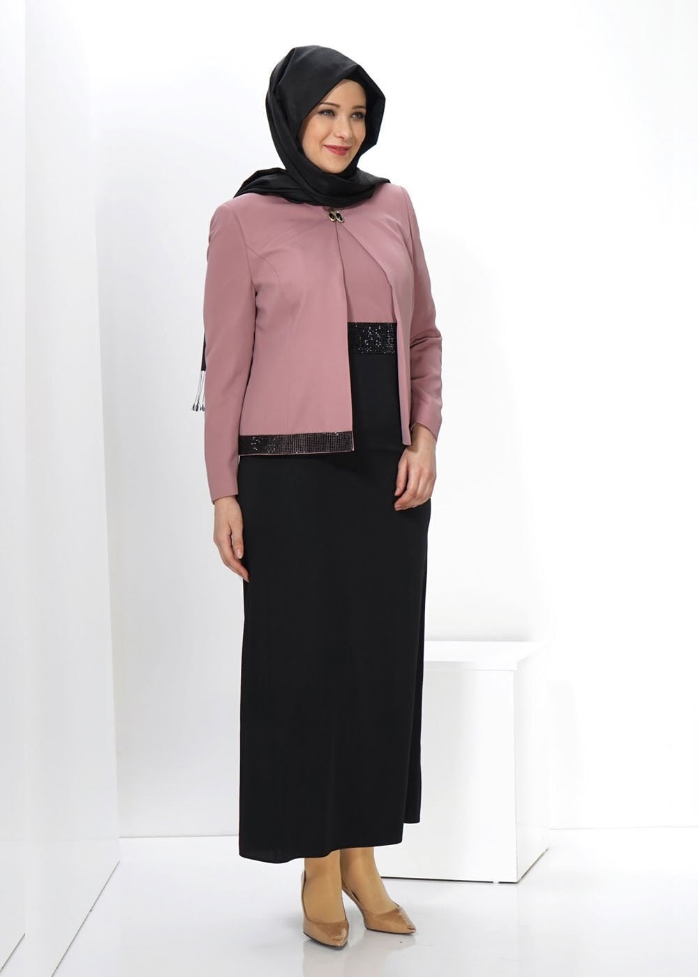 Tesettür giyim PEMBE 3058 ELBİSELİ TAKIM