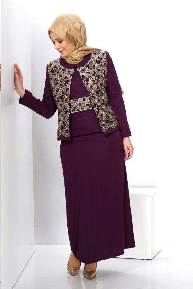 Hijab clothing PURPLE EMBELLISHED DRESS SUIT 3069  - ALVİNA