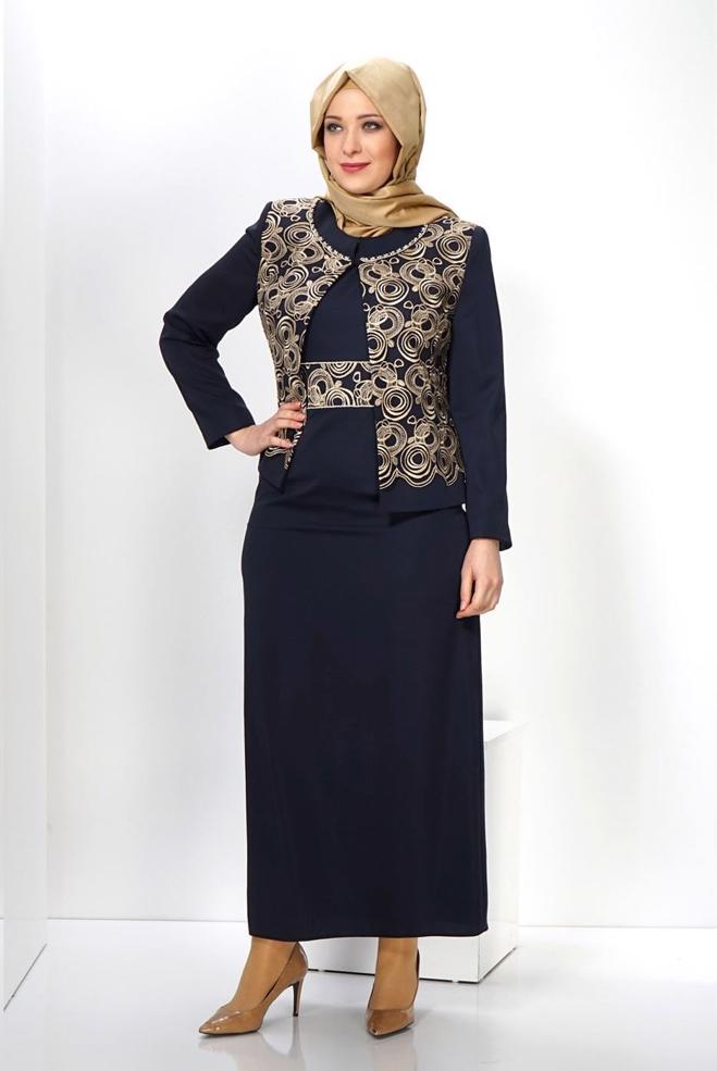 Hijab clothing NAVY BLUE EMBELLISHED DRESS SUIT 3069  - ALVİNA
