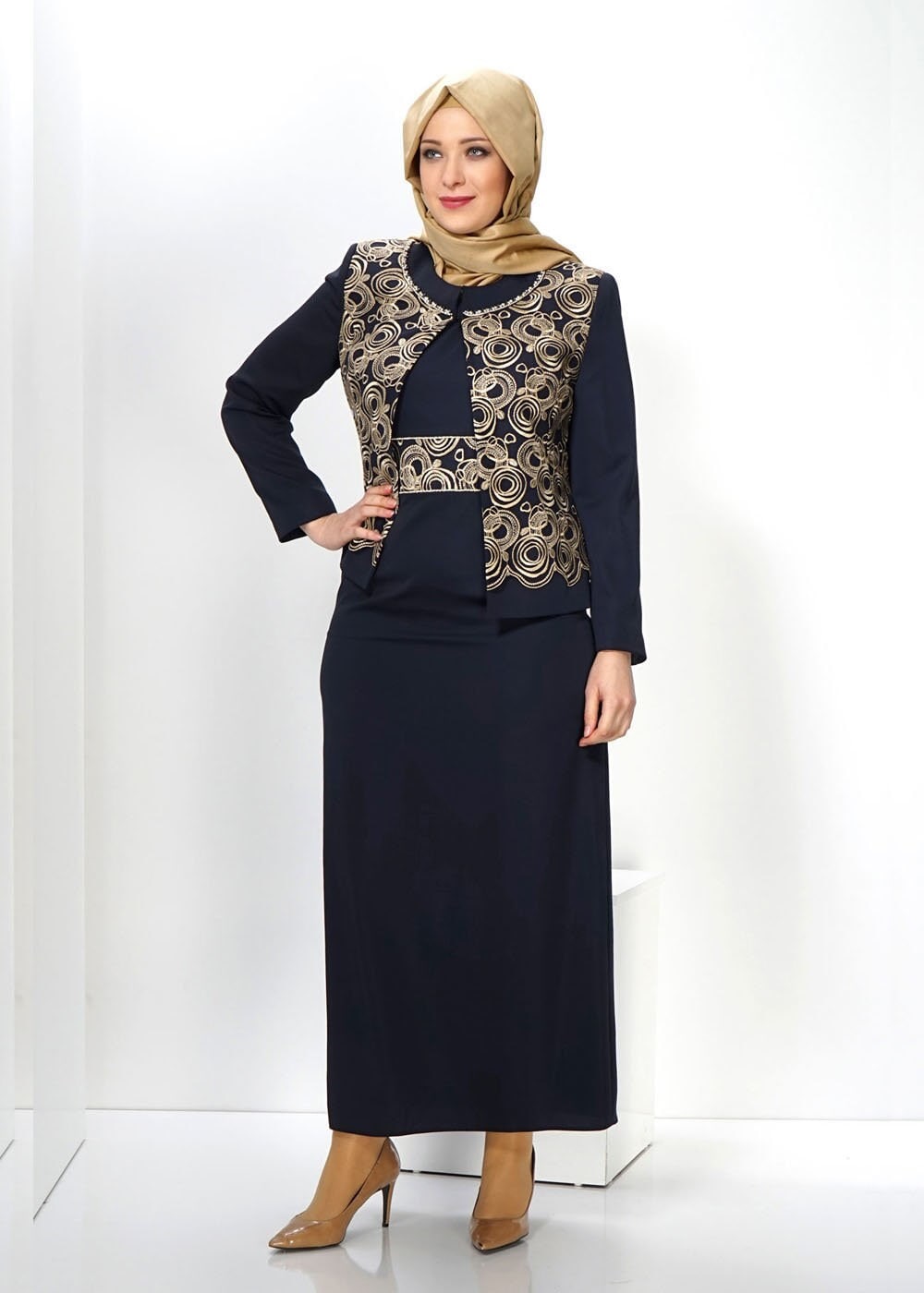 Hijab clothing NAVY BLUE EMBELLISHED DRESS SUIT 3069 