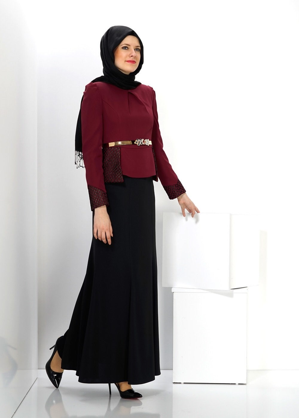Tesettür giyim BORDO 3071E ETEKLİ TAKIM