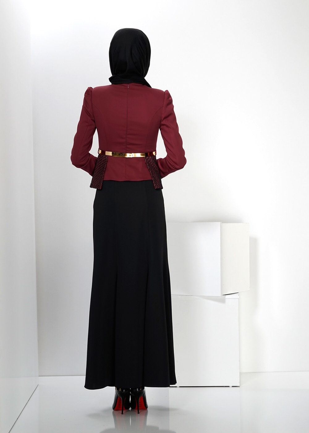 Tesettür giyim BORDO 3071E ETEKLİ TAKIM