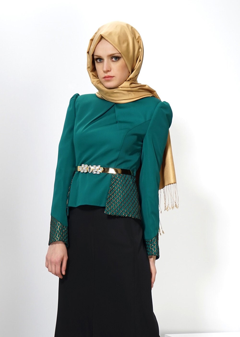 Hijab clothing GREEN EMBELLISHED SKIRT SUIT 3071E 