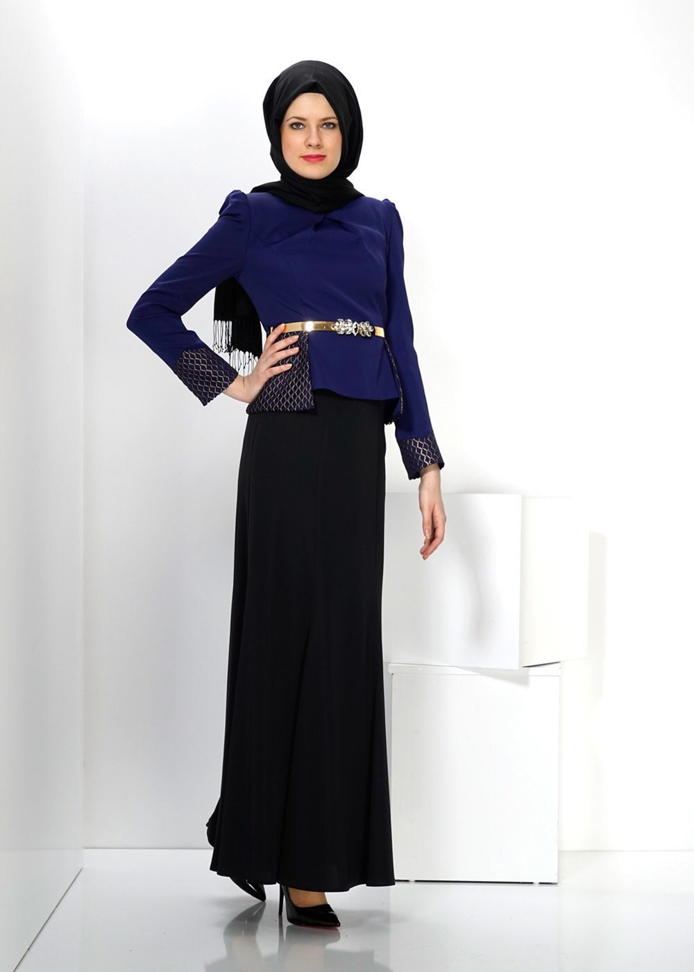 Tesettür giyim MAVİ 3071E ETEKLİ TAKIM
