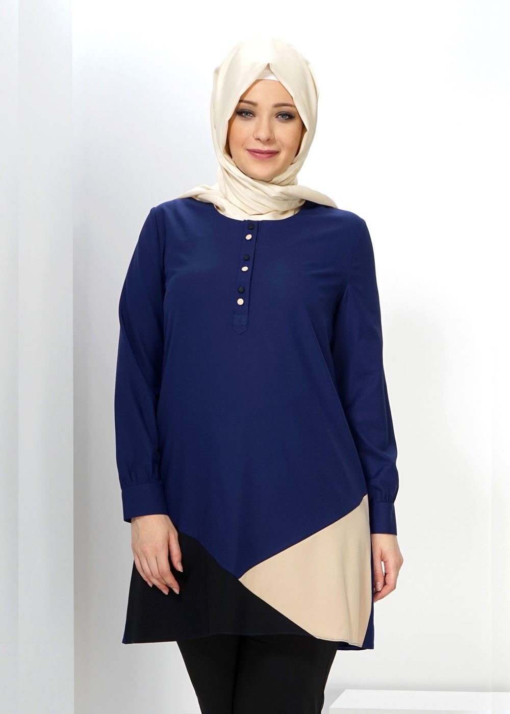 Tesettür giyim LACİVERT RENK BLOKLU TUNİK 2421 
