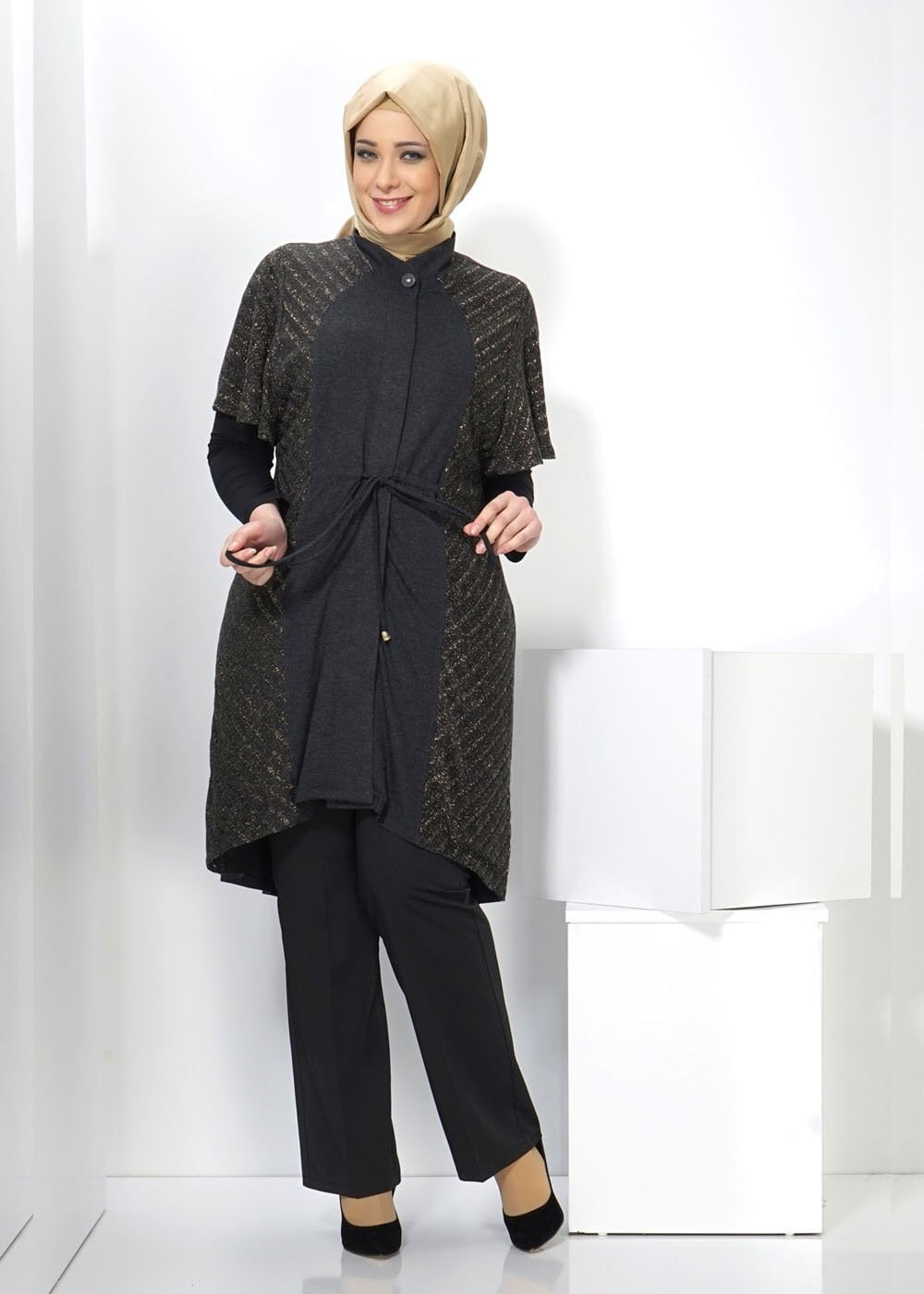 Hijab clothing BLACK SMOCKING WAIST TUNIC 2434 