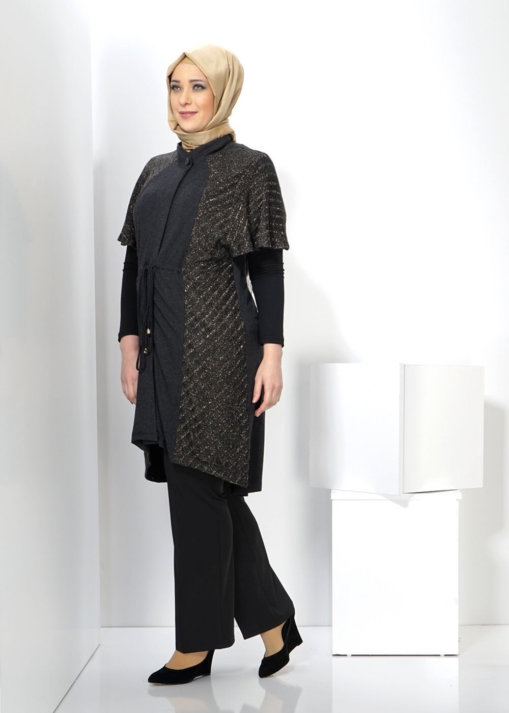 Hijab clothing BLACK SMOCKING WAIST TUNIC 2434 