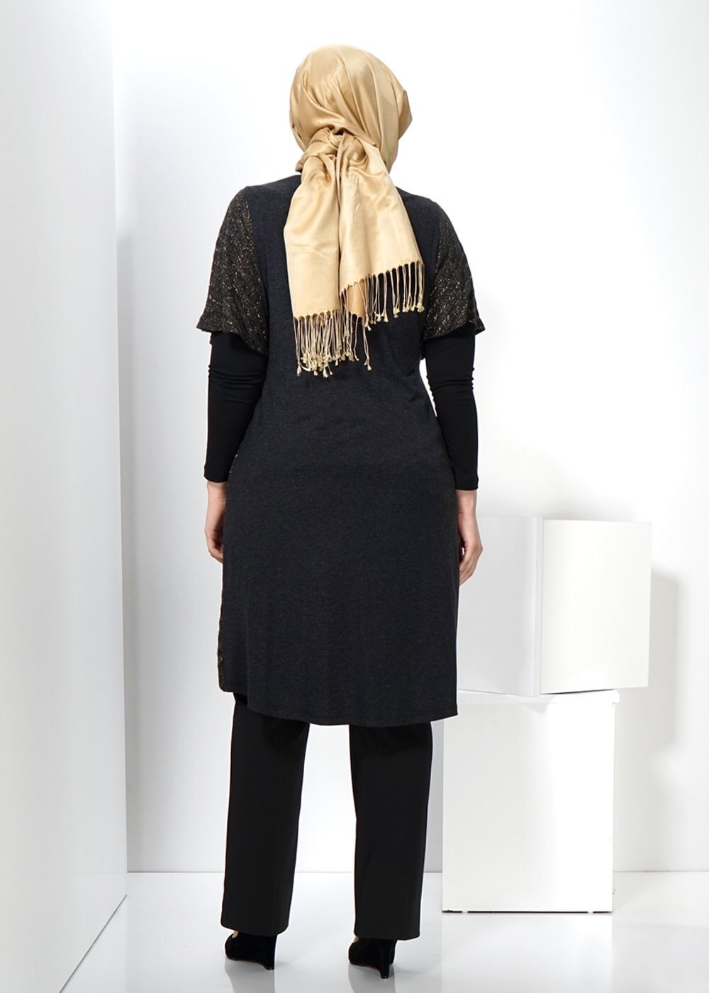 Hijab clothing BLACK SMOCKING WAIST TUNIC 2434 