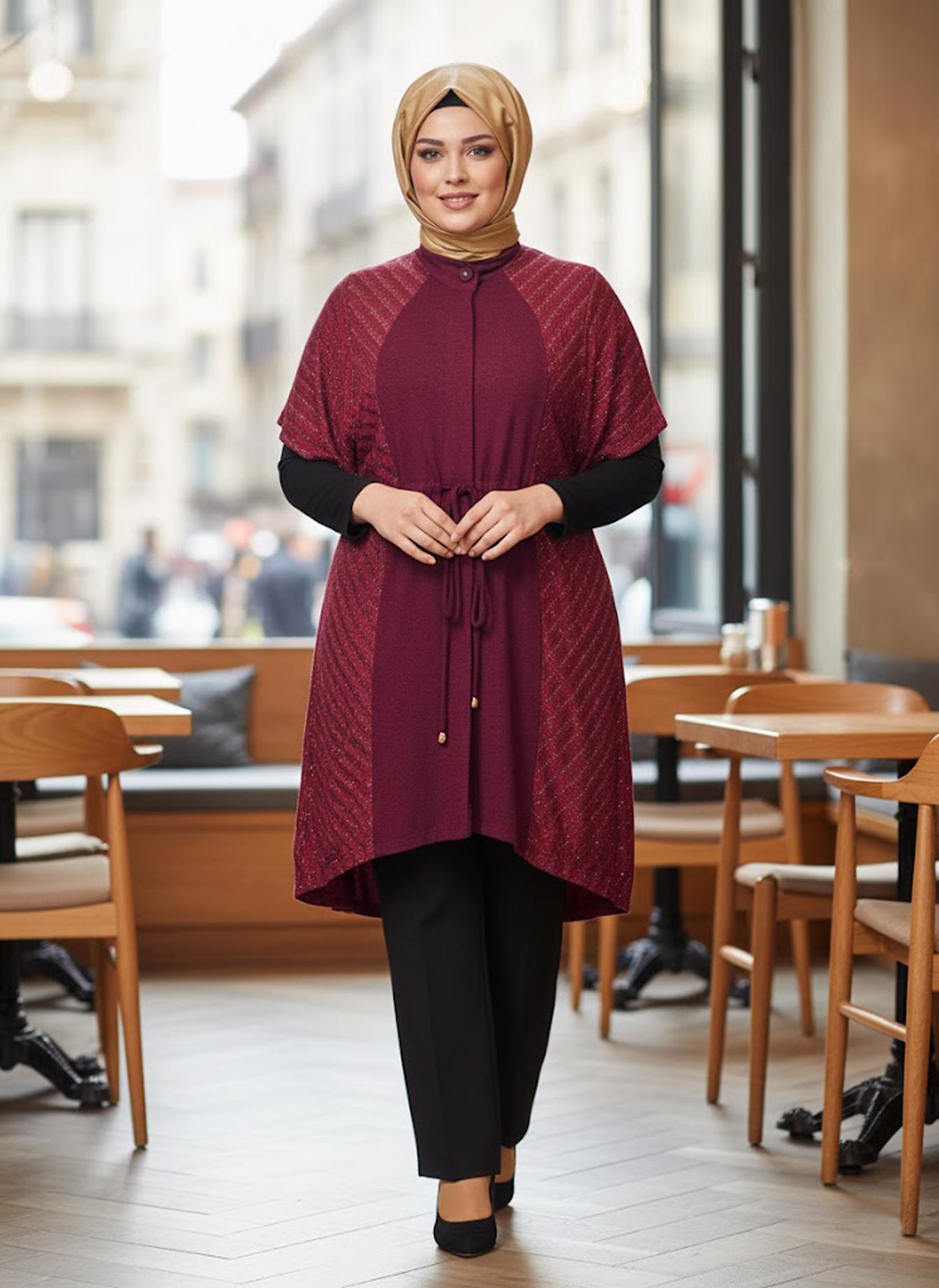 Tesettür giyim BORDO BELİ BÜZGÜLÜ TUNİK 2434 