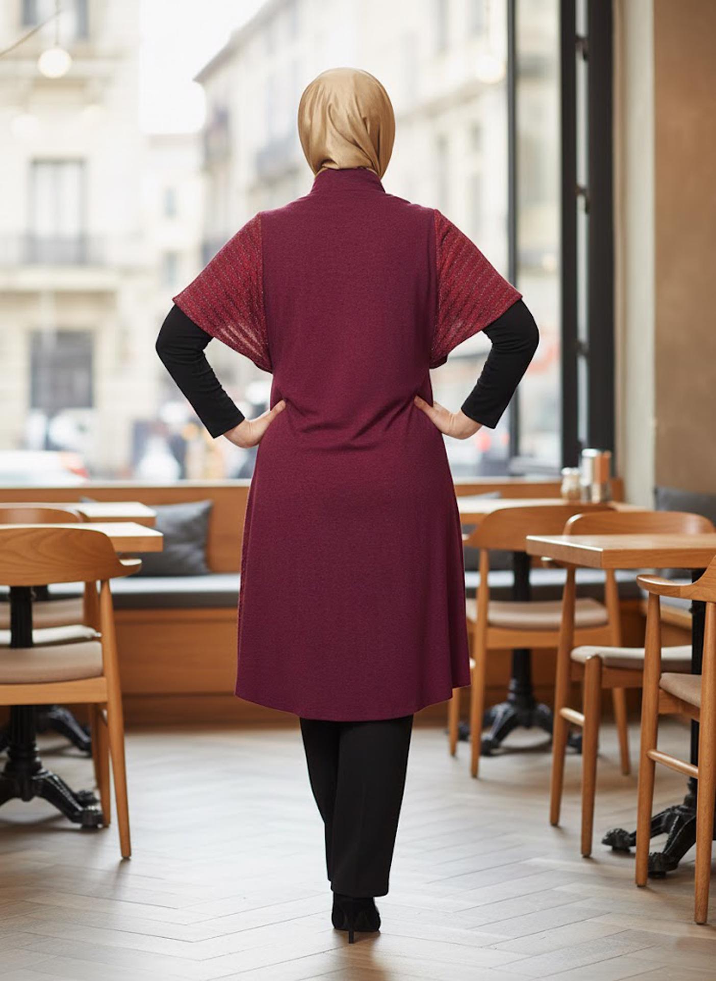 Tesettür giyim BORDO BELİ BÜZGÜLÜ TUNİK 2434 