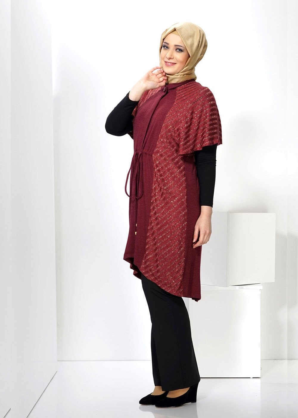Hijab clothing CLARET RED SMOCKING WAIST TUNIC 2434 