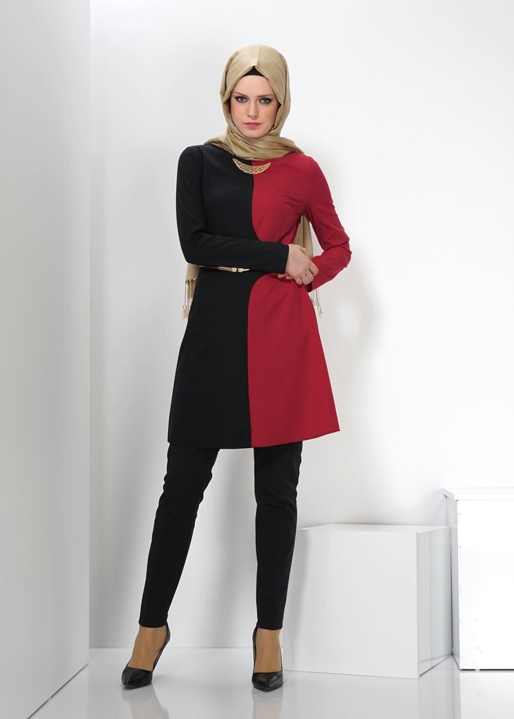 Tesettür giyim BORDO İKİ RENKLİ TUNİK 4322