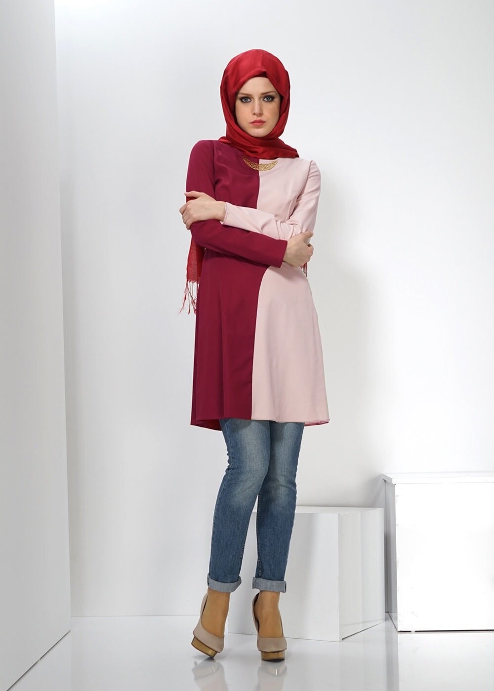 Tesettür giyim EKRU İKİ RENKLİ TUNİK 4322