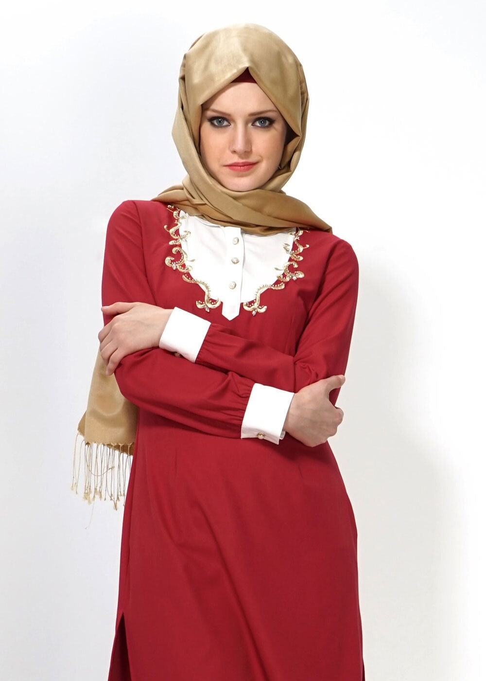 Tesettür giyim BORDO GÖMLEK YAKA DÜĞMELİ TUNİK 4336 