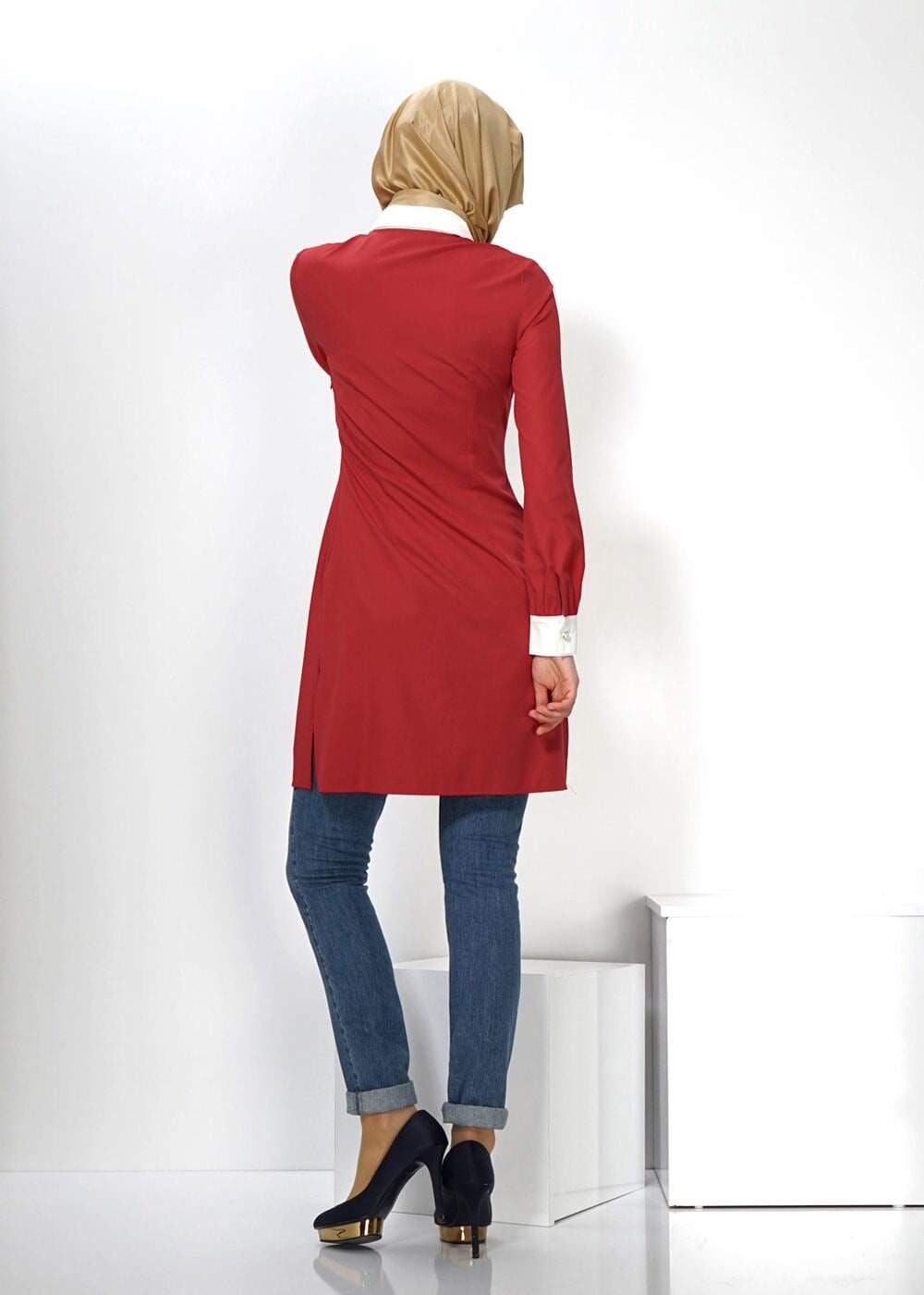 Tesettür giyim BORDO GÖMLEK YAKA DÜĞMELİ TUNİK 4336 