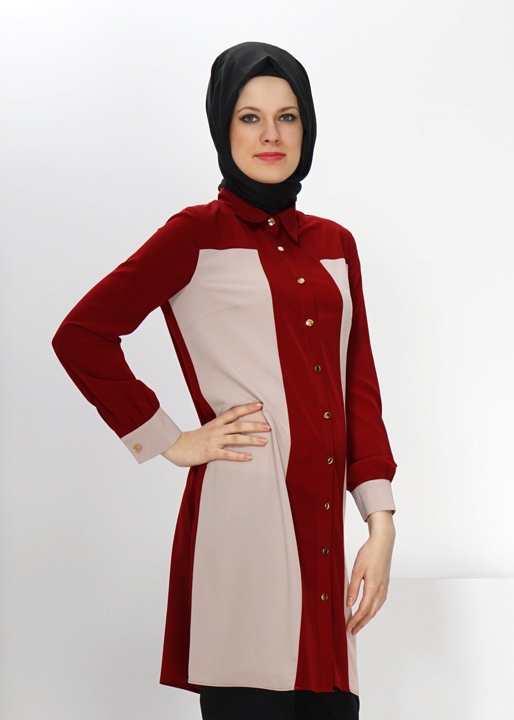 Tesettür giyim BORDO GÖMLEK YAKA TUNİK 4345