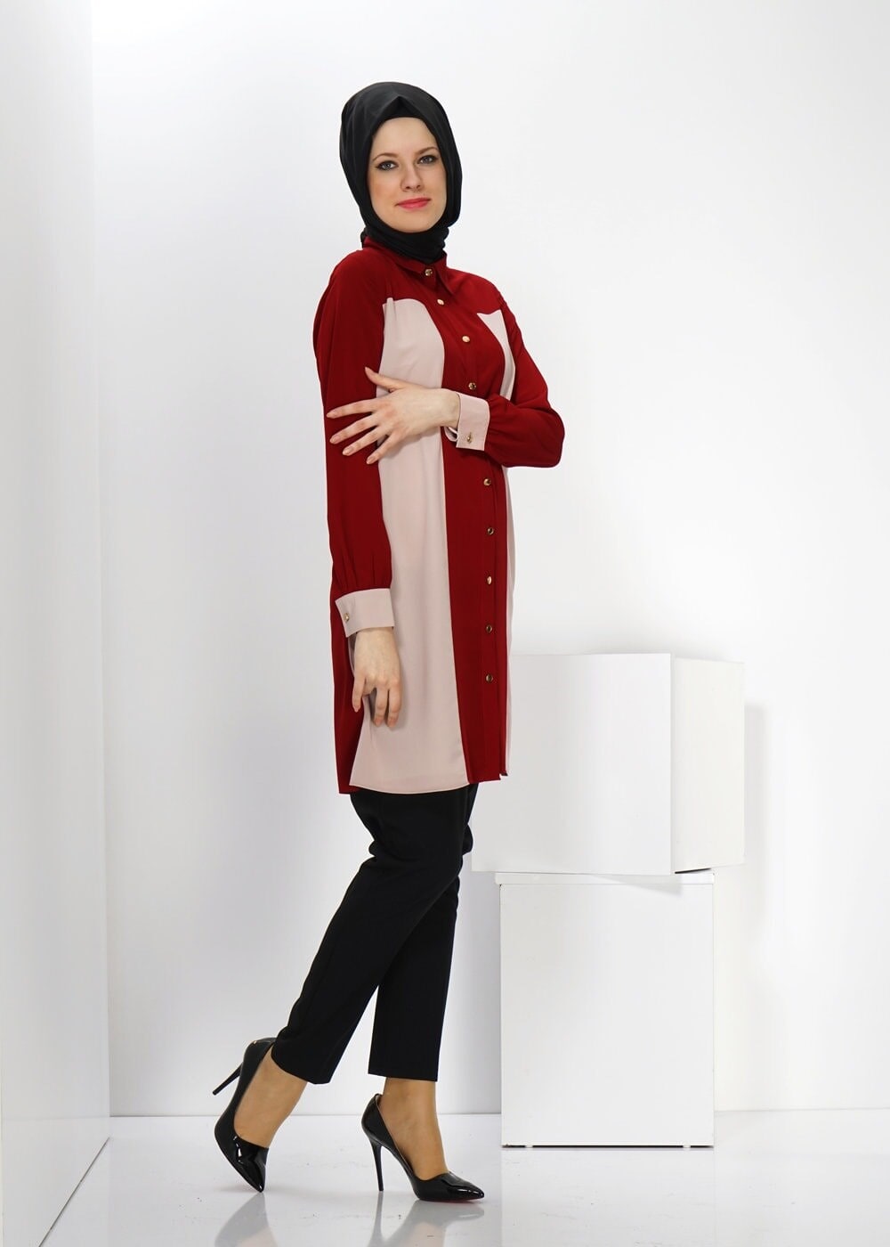 Tesettür giyim BORDO GÖMLEK YAKA TUNİK 4345