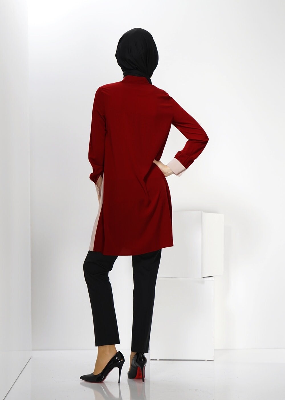 Tesettür giyim BORDO GÖMLEK YAKA TUNİK 4345