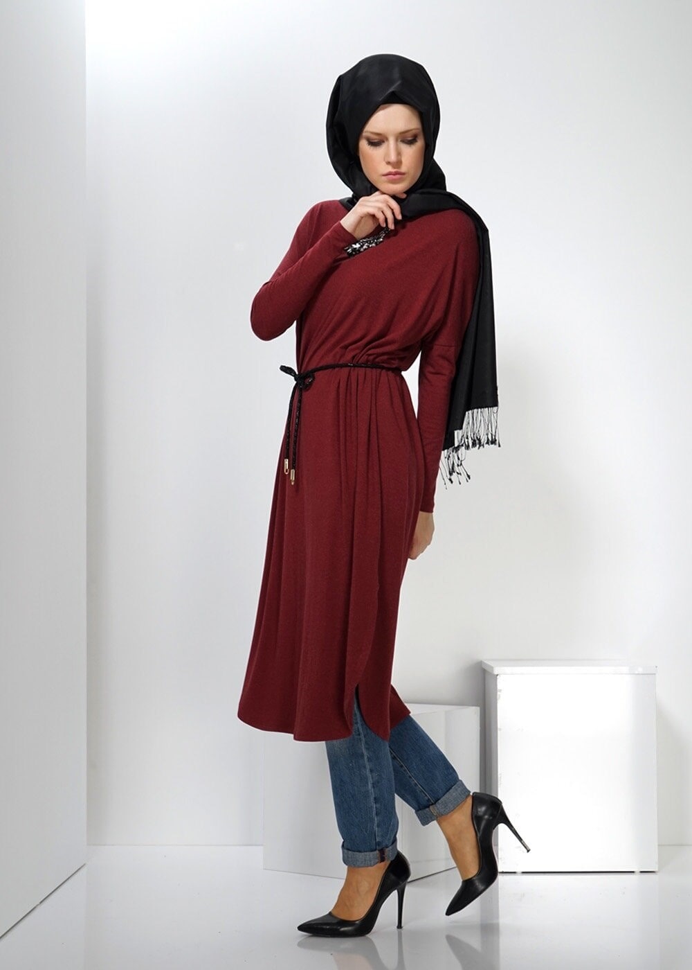 Tesettür giyim BORDO YANI YIRTMAÇLI TUNİK  4349 