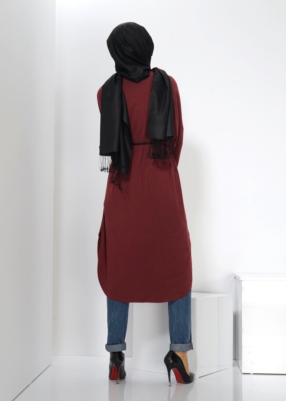 Tesettür giyim BORDO YANI YIRTMAÇLI TUNİK  4349 