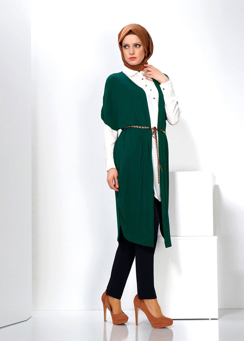 Tesettür giyim YEŞİL İKİLİ UZUN TUNİK 4372