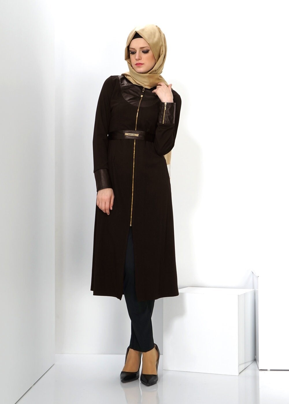 Tesettür giyim KAHVE FERMUAR DETAYLI TUNİK 4384 