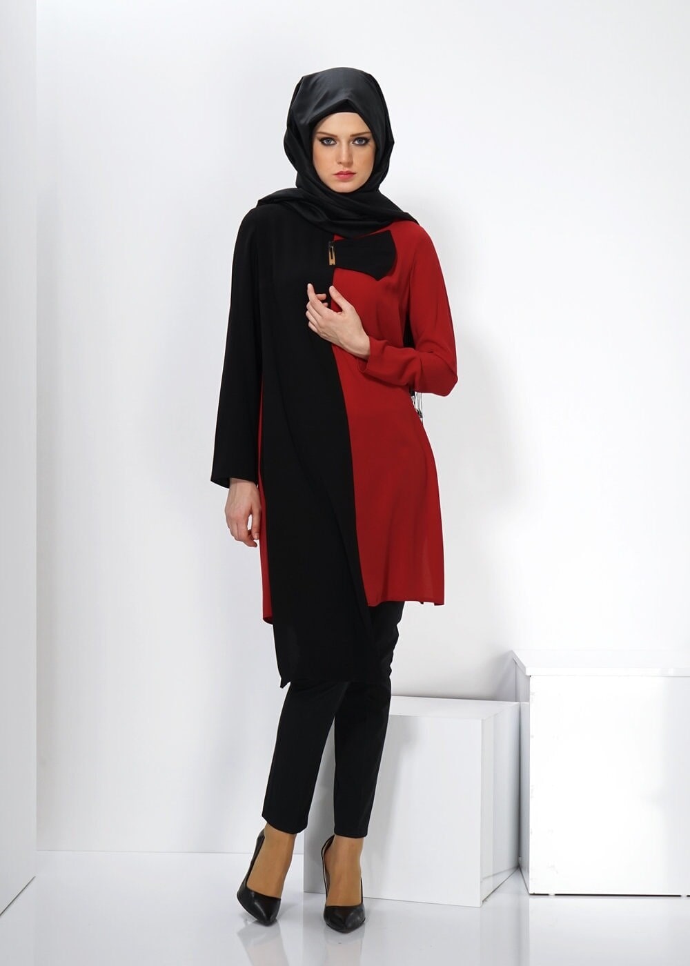 Tesettür giyim KIRMIZI RENK BLOKLU TUNİK 4393