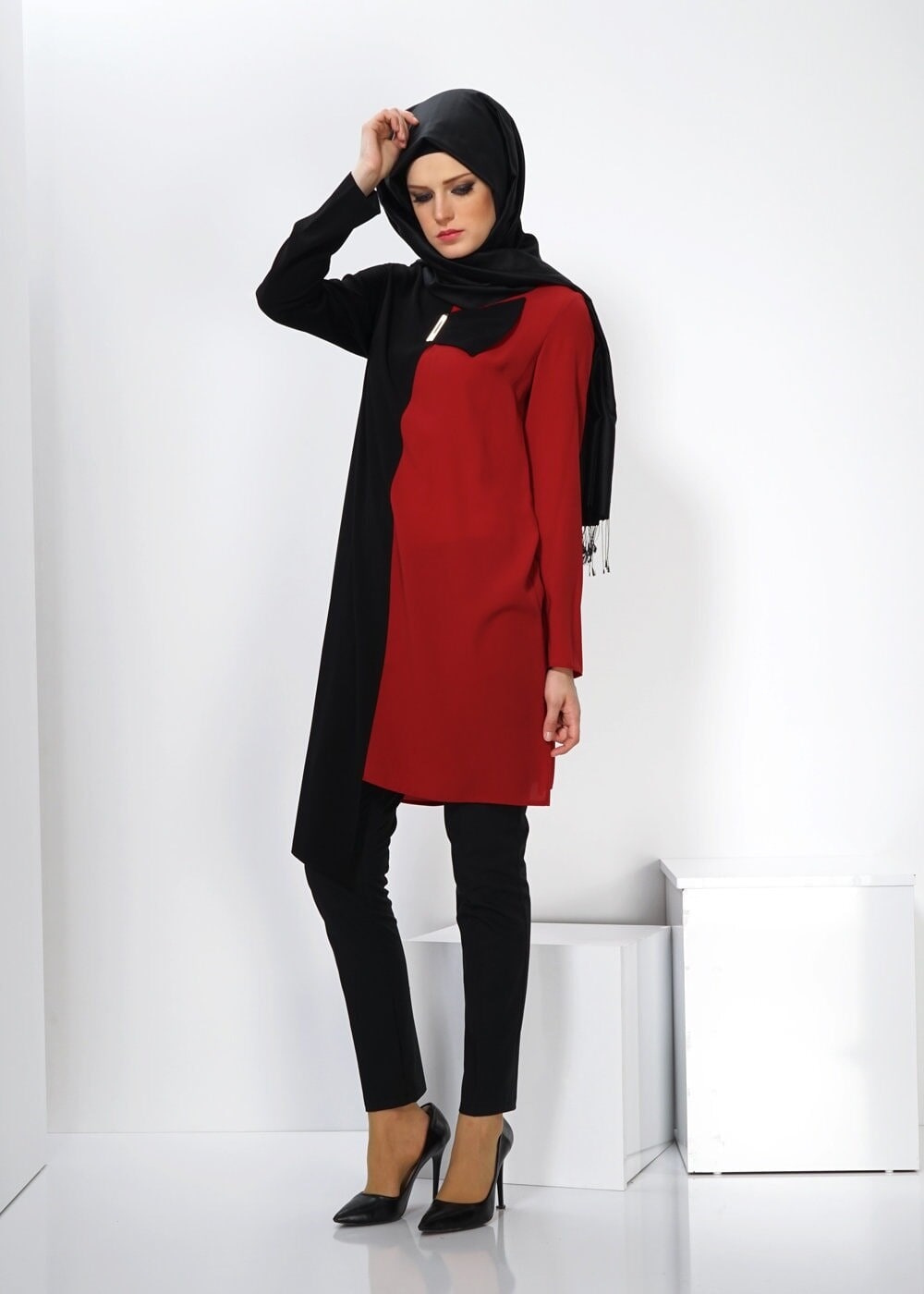 Tesettür giyim KIRMIZI RENK BLOKLU TUNİK 4393