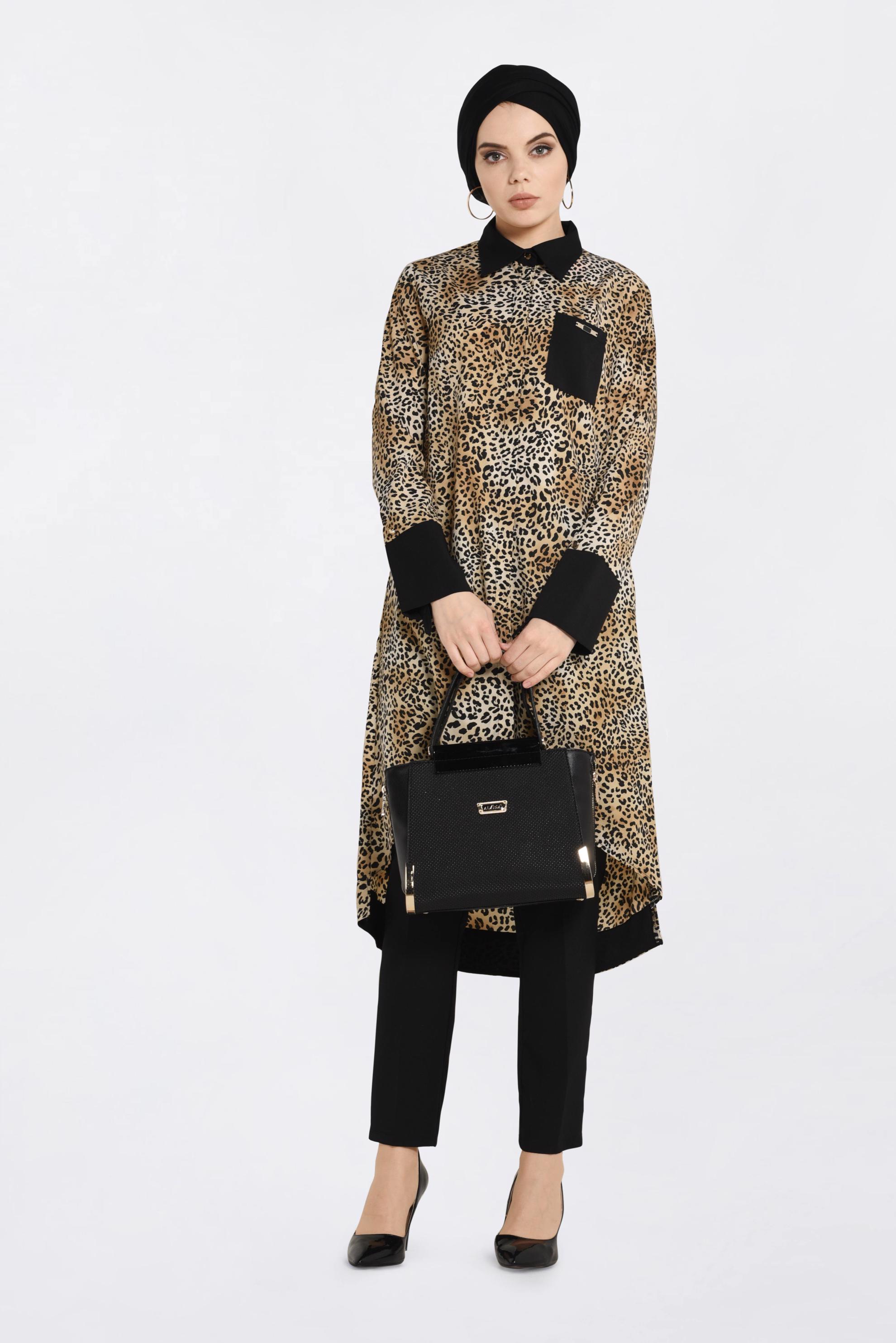 Tesettür giyim BEJ LEOPAR DESENLİ TUNİK 4407