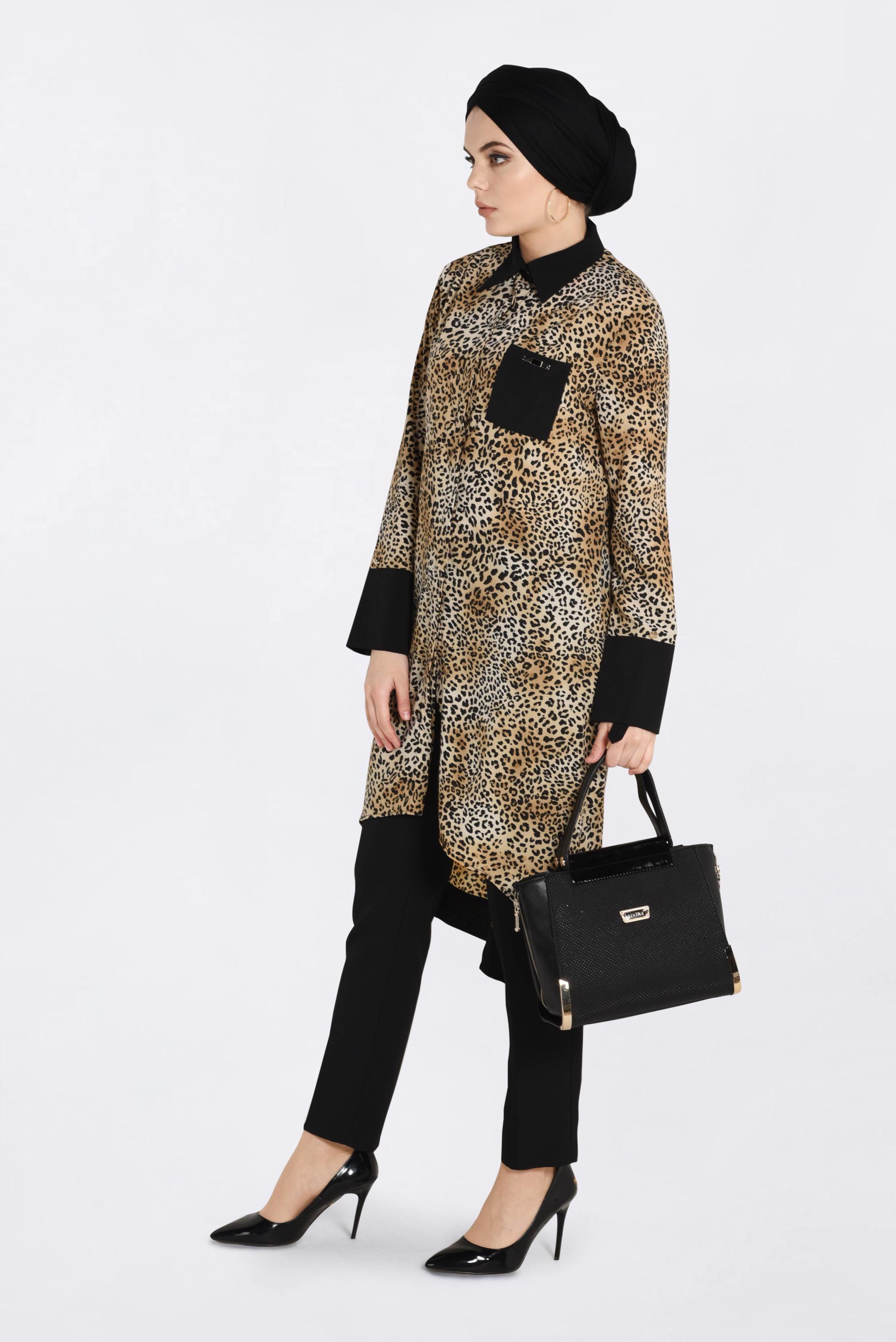 Tesettür giyim BEJ LEOPAR DESENLİ TUNİK 4407