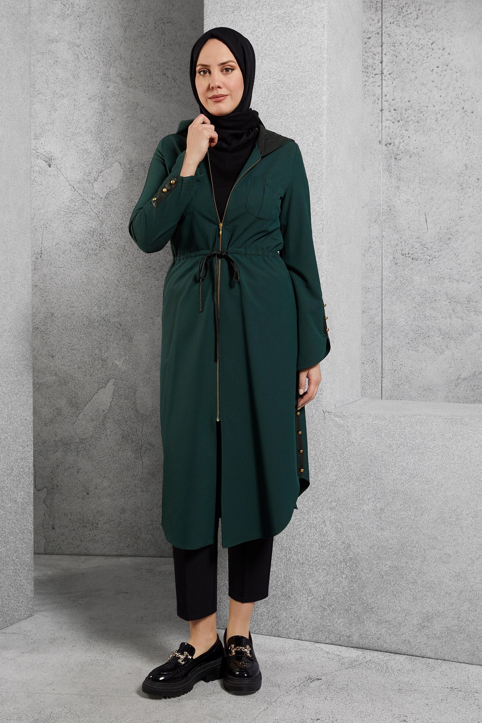 Tesettür giyim YEŞİL KAPÜŞONLU TUNİK 4408