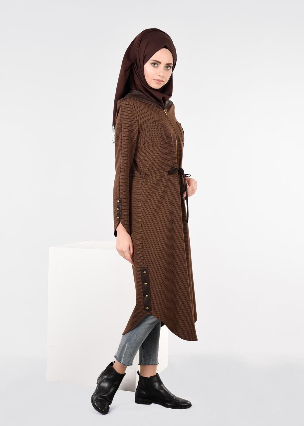 Tesettür giyim PUDRA KAPÜŞONLU TUNİK 4408