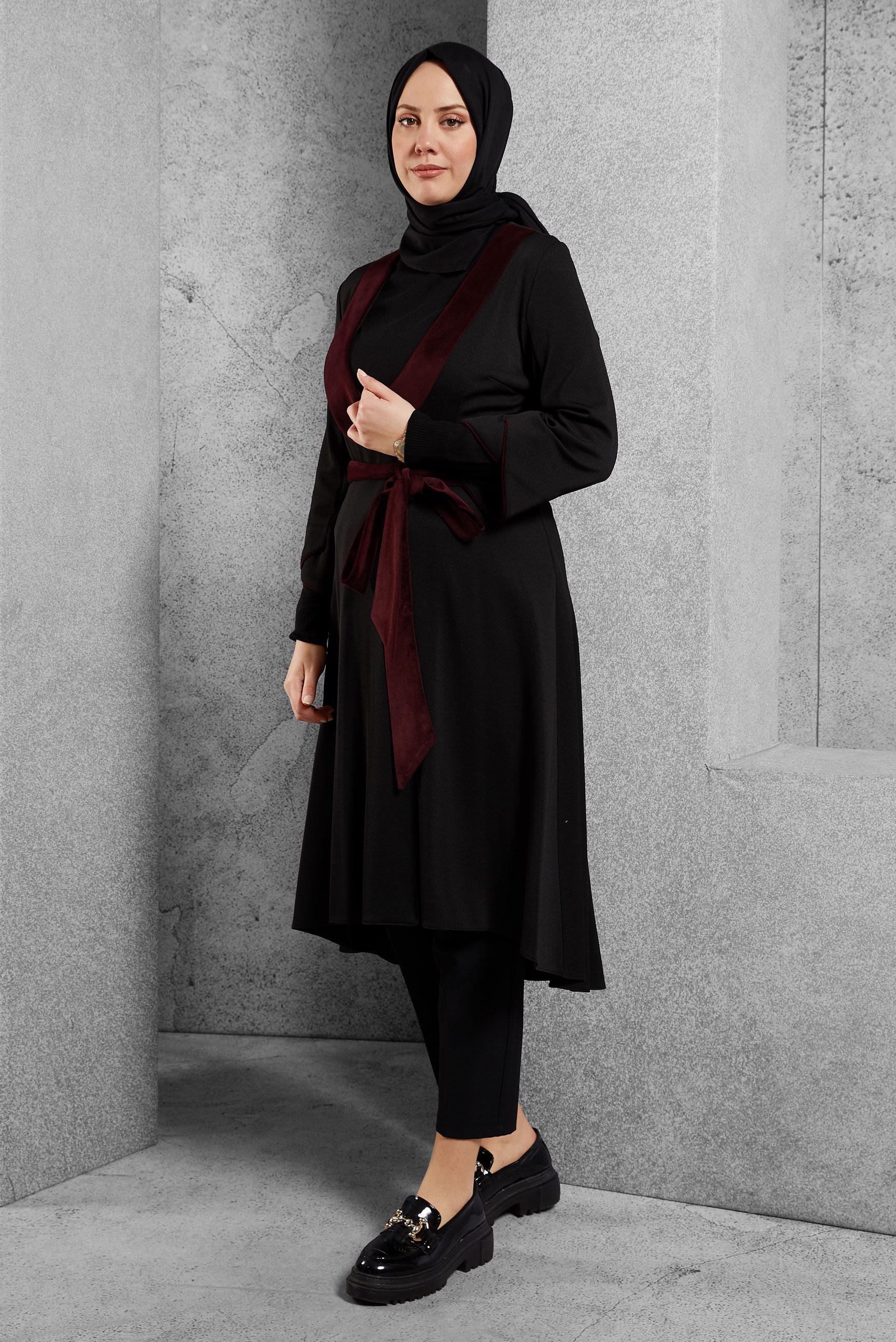 Tesettür giyim SİYAH KUŞAKLI UZUN TUNİK 4413