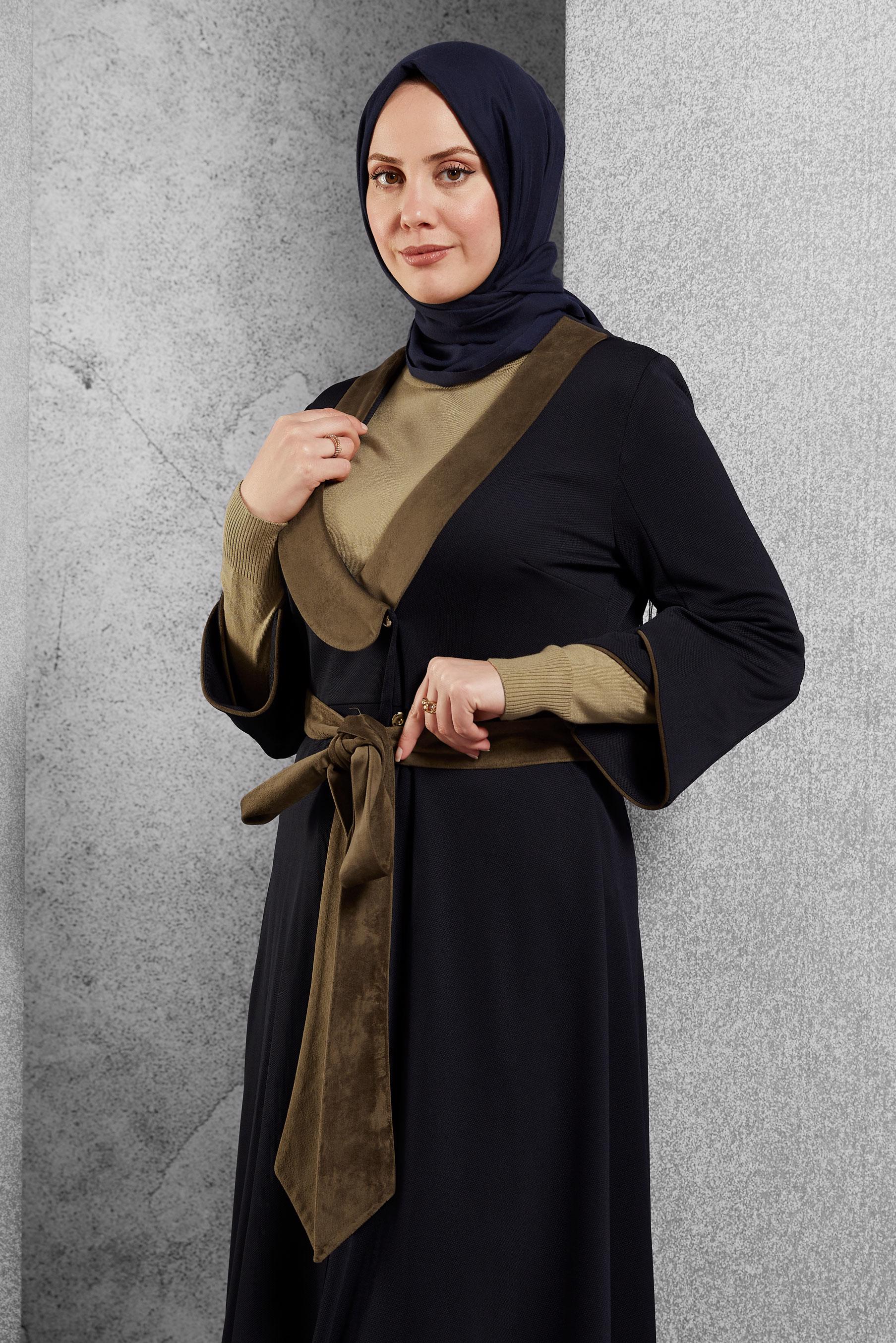 Tesettür giyim LACİVERT KUŞAKLI UZUN TUNİK 4413