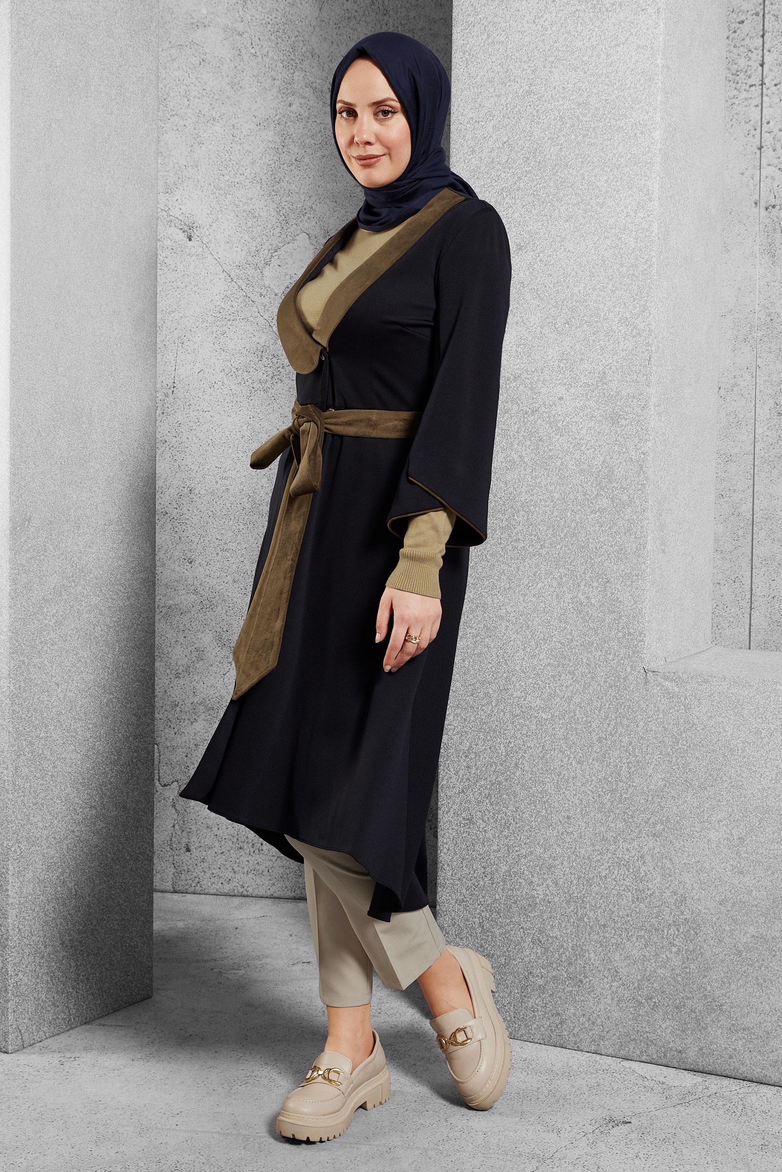 Tesettür giyim LACİVERT KUŞAKLI UZUN TUNİK 4413