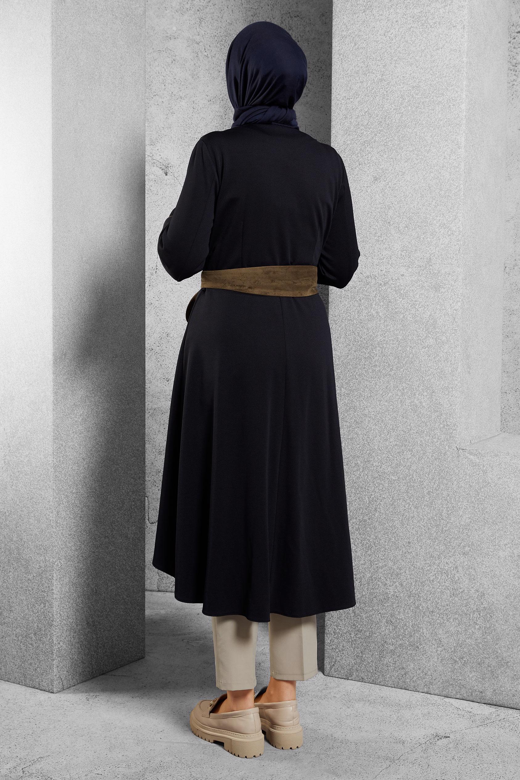 Tesettür giyim LACİVERT KUŞAKLI UZUN TUNİK 4413