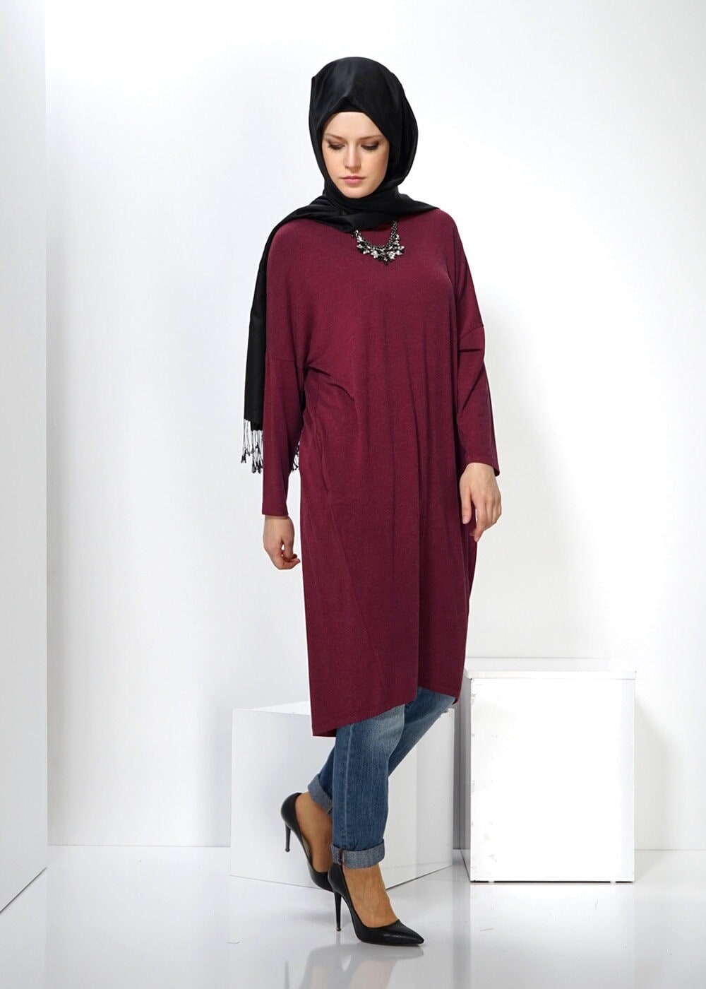 Tesettür giyim BORDO TESETTÜR DÜZ TUNİK 4416 