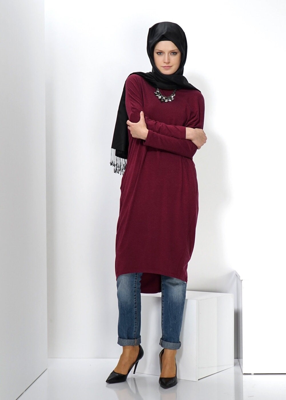 Tesettür giyim BORDO TESETTÜR DÜZ TUNİK 4416 