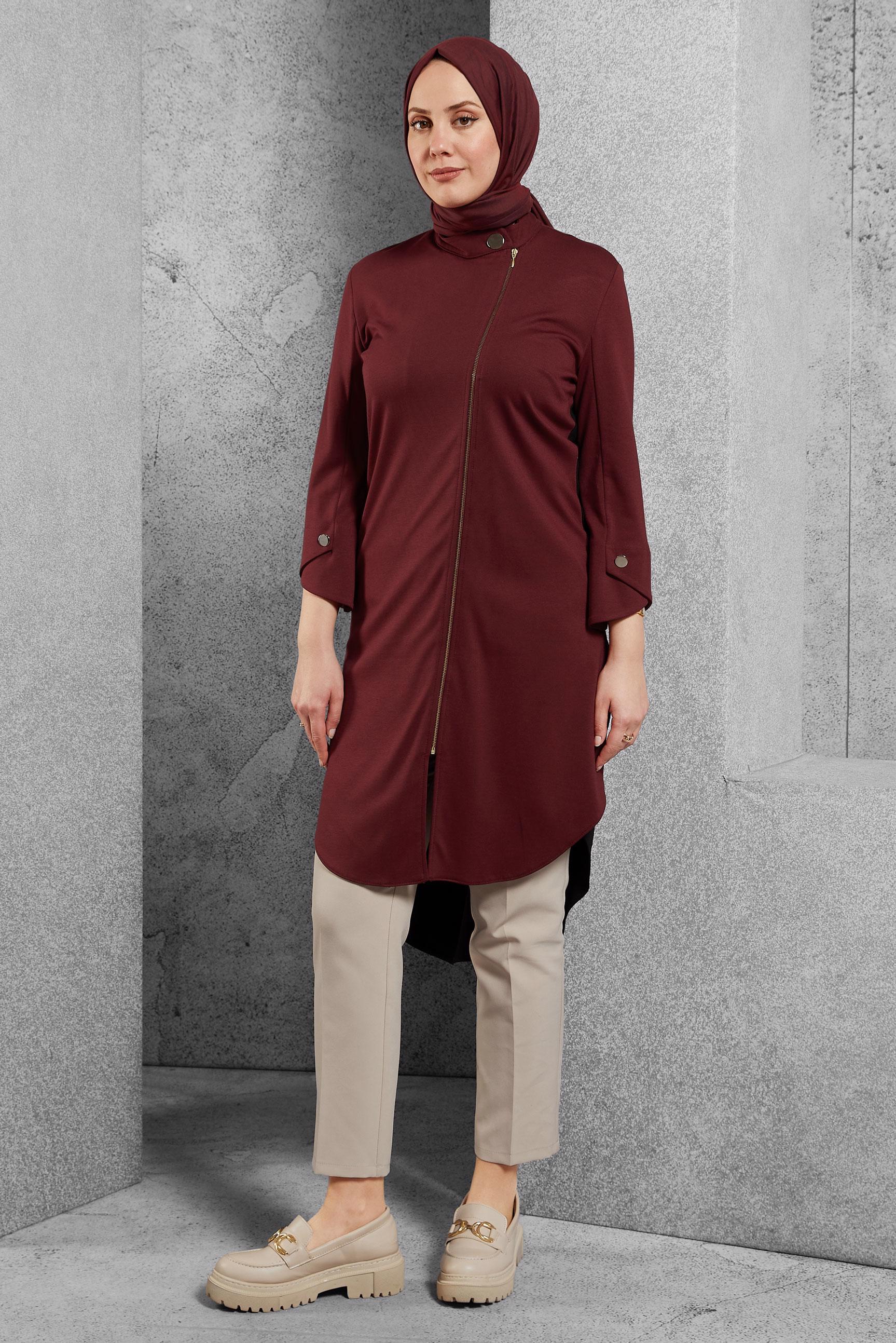 Tesettür giyim BORDO FERMUARLI TUNİK 4420