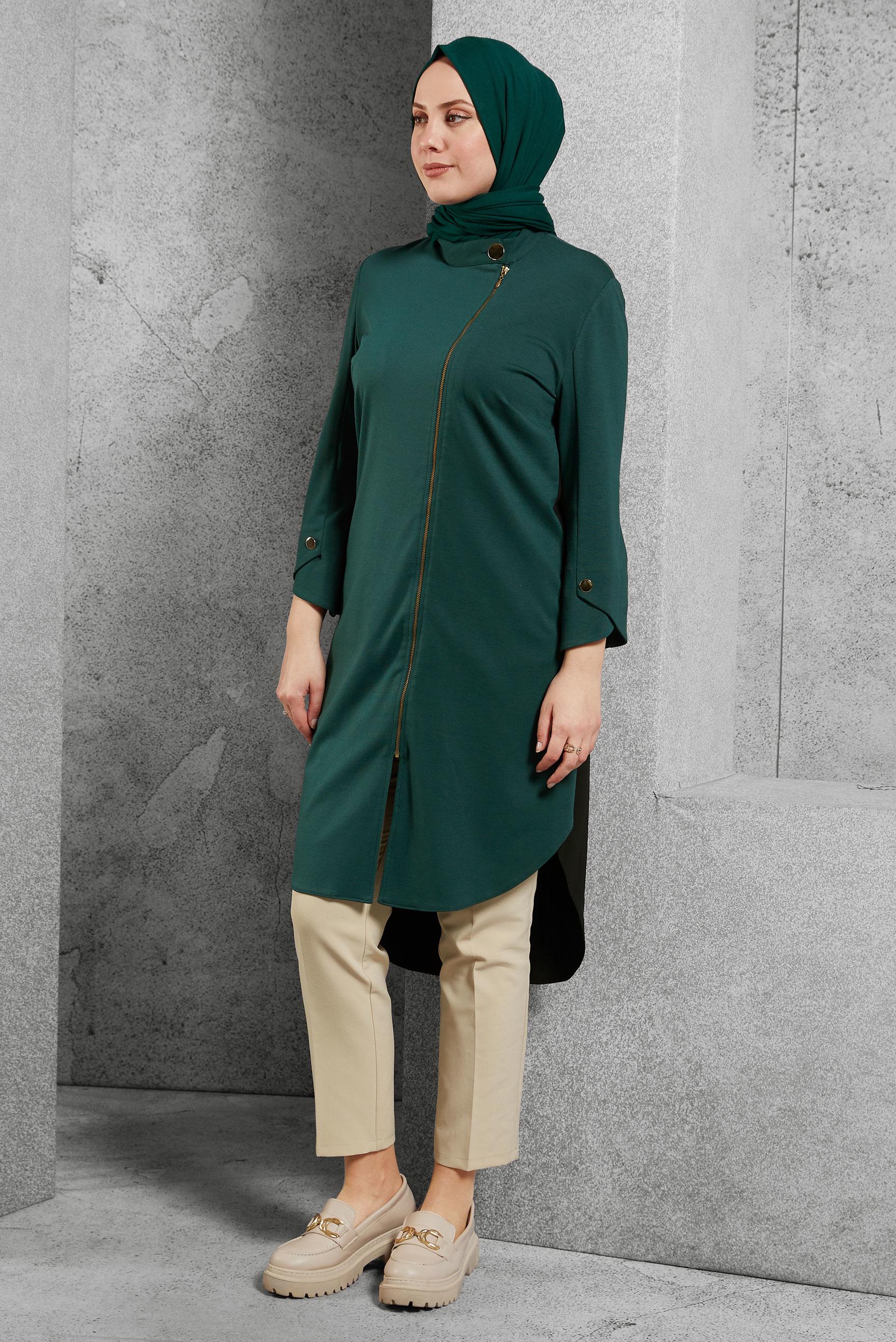 Tesettür giyim YEŞİL FERMUARLI TUNİK 4420